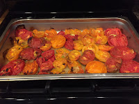 red/yellow tomatoes in roasting pan