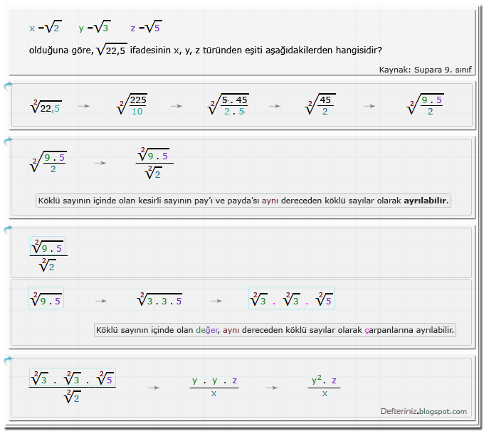 Örnek-soru-5 » Köklü ondalık sayılar » Çarpma işlemi » x, y, z türünden eşiti hangisidir? (Kaynak: Supara 9. sınıf).