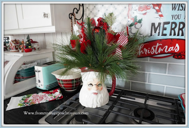 Cottage -Farmhouse- Christmas- Kitchen -Tour-Vintage-Inspired-Santa-Claus-Pitcher-Floral-Arranegement-DIY-From My Front Porch To Yours