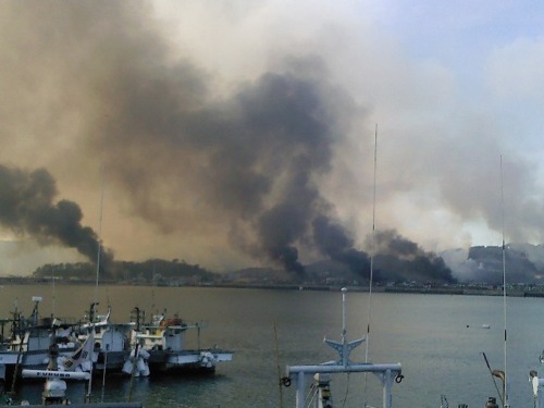 Smoke rising from Yeonpyeong Island