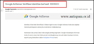 Verifikasi id adsense telah berhasil