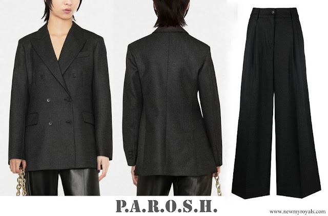 Princess Charlene wore P.A.R.O.S.H. double-breasted wool cashmere blazer and pleated wide leg trousers