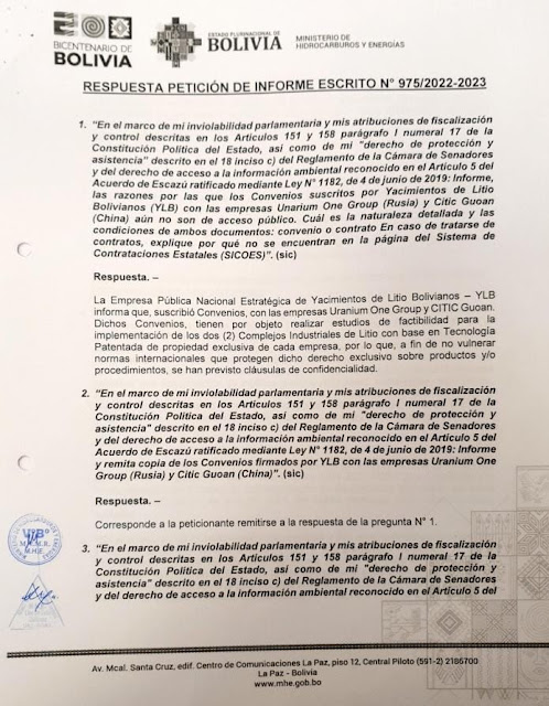 Petición de informe escrito con referencia a los convenios suscritos por YLB con empresas de Rusia y China