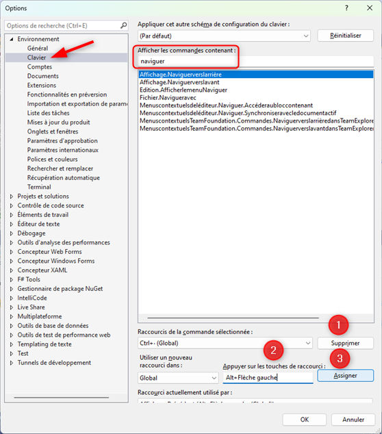 Raccourcis clavier pour les commandes de navigation vers l'avant et vers l'arrière