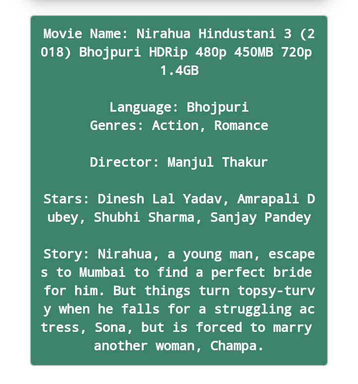 Nirahua Hindustani 3 (2018) Bhojpuri HDRip 480p 450MB 720p 1.4GB