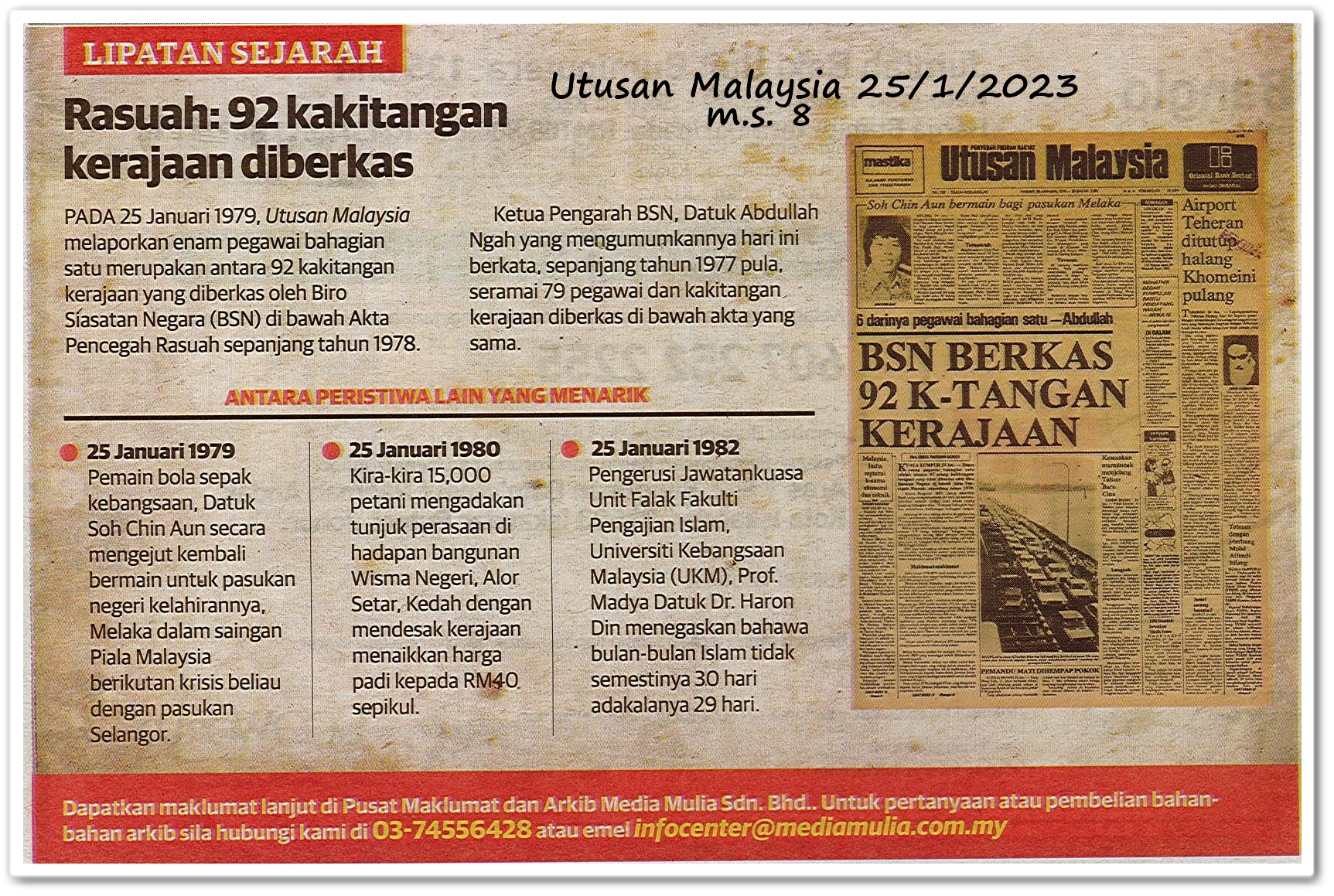 Lipatan sejarah 25 Januari - Keratan akhbar Utusan Malaysia 25 Januari 2023