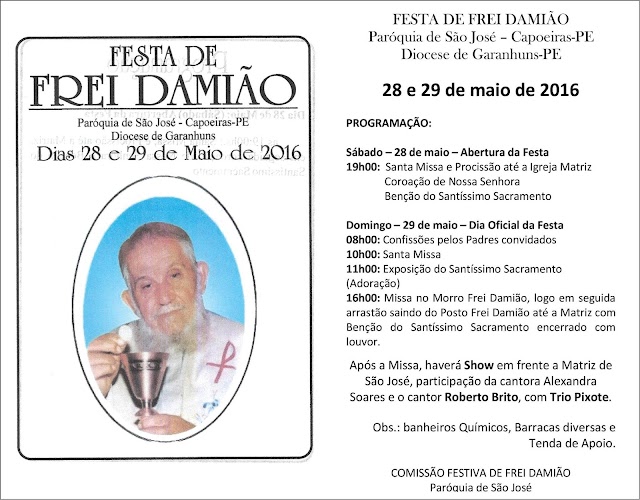 FESTA DE FREI DAMIÃO DA CIDADE DE CAPOEIRAS COMEÇA NESSE SÁBADO, 28/05