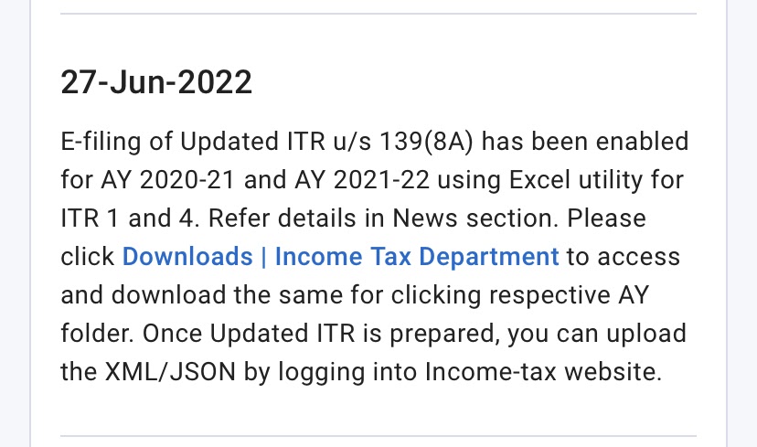 E-filing Of ITR-U (Updated Return) Using Excel Utility Enabled For ITR 1 And 4