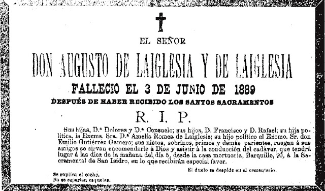 Una de las esquelas aparecidas en la prensa comunicando el fallecimiento de Augusto de Laiglesia