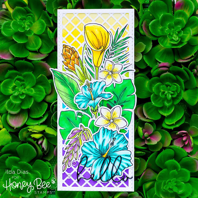 Hello Summer, Blog Hop, Hello, Tropical Lattice, Friendship Card, Honey Bee Stamps, Paradise Blooms, Copics, Distress Oxide, Card Making, Stamping, Die Cutting, handmade card, ilovedoingallthingscrafty, Stamps, how to, blending, 