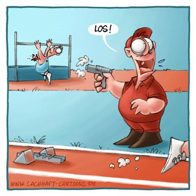 Sport Startschuss hundert Meter Lauf 100 Sprint Olympiade Leichtathletik Leichtatlethik Hochsprung erschossen Fehlstart Cartoon Cartoons Witze witzig witzige lustige Bildwitze Bilderwitze Comic Zeichnungen lustig Karikatur Karikaturen Illustrationen Michael Mantel lachhaft Spaß Humor