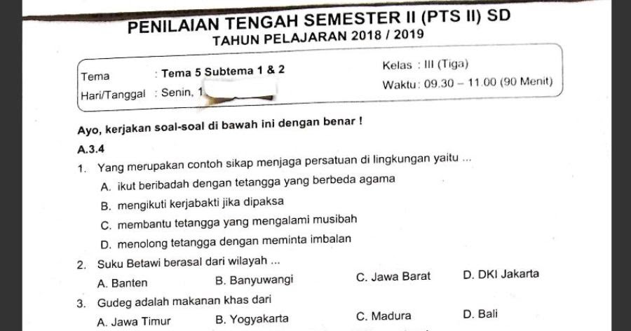 Soal Ulangan Kelas 3 Tema 5 Subtema 1 dan 2