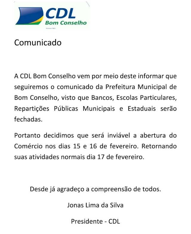 COMUNICADO DA CDL DE BOM CONSELHO