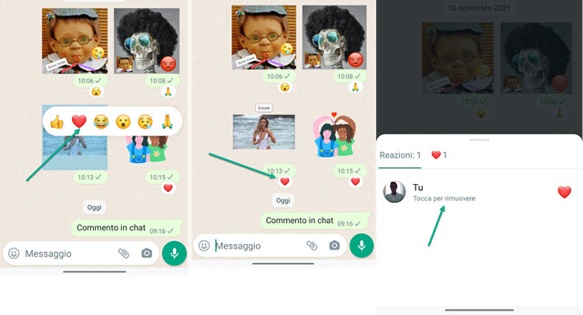 inserimento reazioni su WhatsApp da app per il mobile