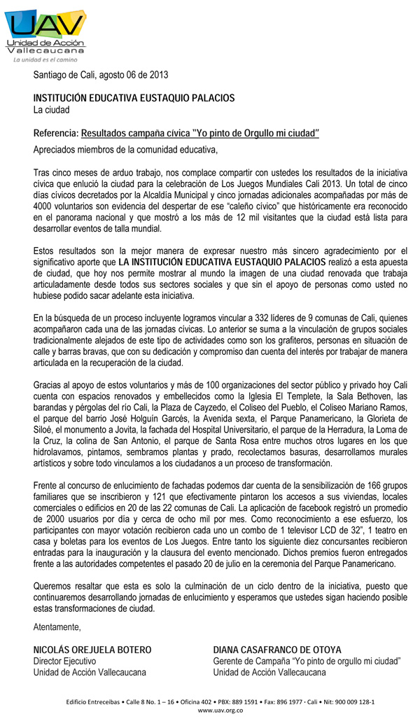 PREGON EUSTAQUIANO: CARTA DE AGRADECIMIENTO POR 