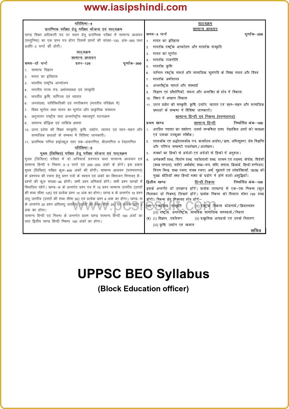 UPPSC BEO (Block Education Officer) Syllabus in Hindi