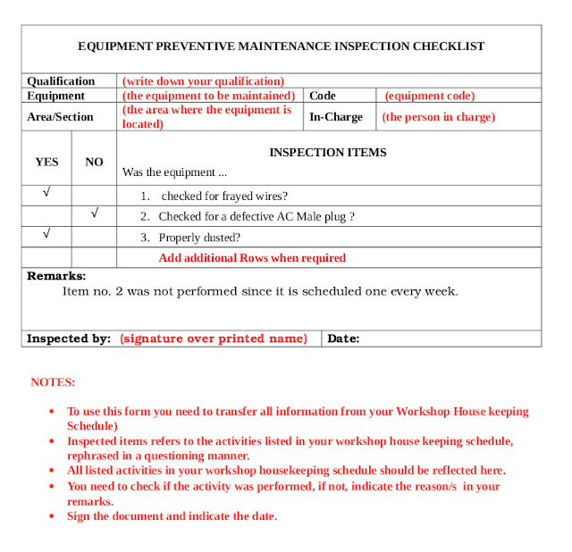 Equipment Preventive Maintenance Checklist
