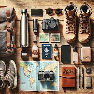 A neatly arranged flat lay of essential travel accessories, including a reusable water bottle, camera, passport holder, hiking boots, and portable charger, ready for your next journey.
