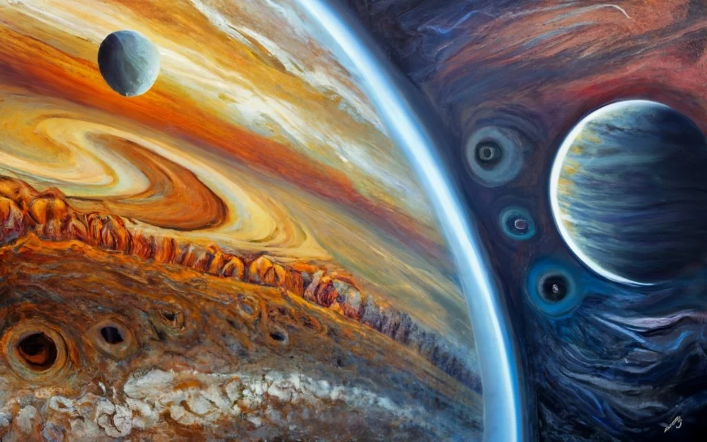 La imagen presenta una fascinante representación artística de lo que parece ser un paisaje espacial surrealista. En primer plano, vemos un vasto terreno accidentado con características similares a cráteres y fisuras. Las ondulaciones en el terreno dan la impresión de movimiento, como si fueran corrientes de un líquido viscoso.  En la parte superior izquierda, un satélite o luna se eleva contra un telón de fondo de colores cálidos que recuerdan a las bandas gaseosas de Júpiter. Estos colores cálidos contrastan con la paleta de colores fríos en la parte superior derecha de la imagen, donde otra luna o planeta, rodeada de lo que parece ser una atmósfera azulada, se asoma.  La imagen evoca un sentimiento de maravilla y curiosidad, llevando al espectador a un viaje visual a través de paisajes extraterrestres desconocidos. Es un recordatorio de la belleza y el misterio del universo, y de lo mucho que aún queda por descubrir en el vasto cosmos.