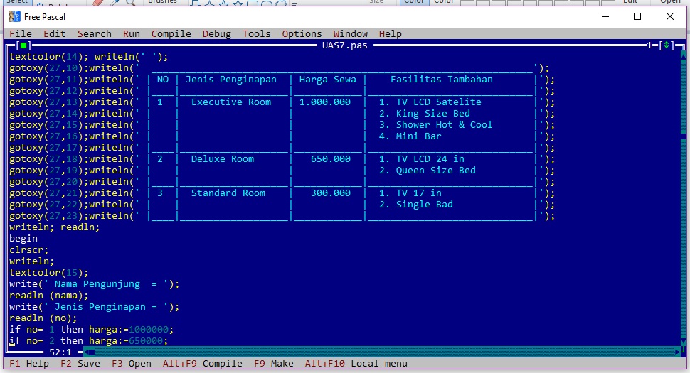 contoh program pascal reservasi hotel