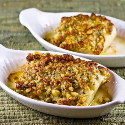 Baked White Fish with Pine Nut, Parmesan, and Basil Pesto Crust