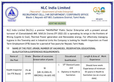 NLC Recruitment 2023 for Health Inspector Post   NLC India Limited, a renowned organization, has released an NLC India Limited Recruitment 2023 notification, NLC Recruitment 2023 invites applications for the Health Inspector position. For this NLC Health Inspector Recruitment candidate requires a 12th Standard pass and a Diploma in Health & Sanitation.  NLC Recruitment 2023 The engagement period for Health Inspectors will be Two years from the date of joining. The selected candidates will receive a consolidated pay of INR 38,000/- per month, along with Provident Fund, Medical facilities, and leaves as per NLCIL rules. Traveling Allowance and other benefits will also be provided. The selection process involves a Written Test and the final selection will be based on the overall total score in the written test. Interested candidates should apply through the NLCIL website between 4th August 2023 and 23rd August 2023.  NLC Recruitment 2023 – Overview