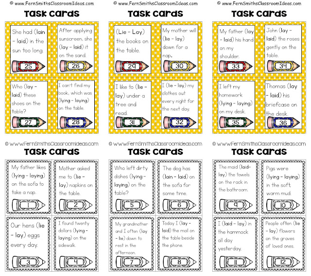  Fern Smith's Classroom Ideas Correct Word Usage Task Cards - Lie and Lay at TeacherspayTeachers.