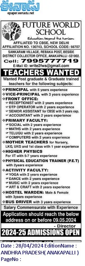 Anakapalli Future World School Teachers, Accountant, Senior Assistant, DTP Operator, Receptionist Jobs