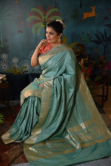 Teal mushroo silk saree with butis