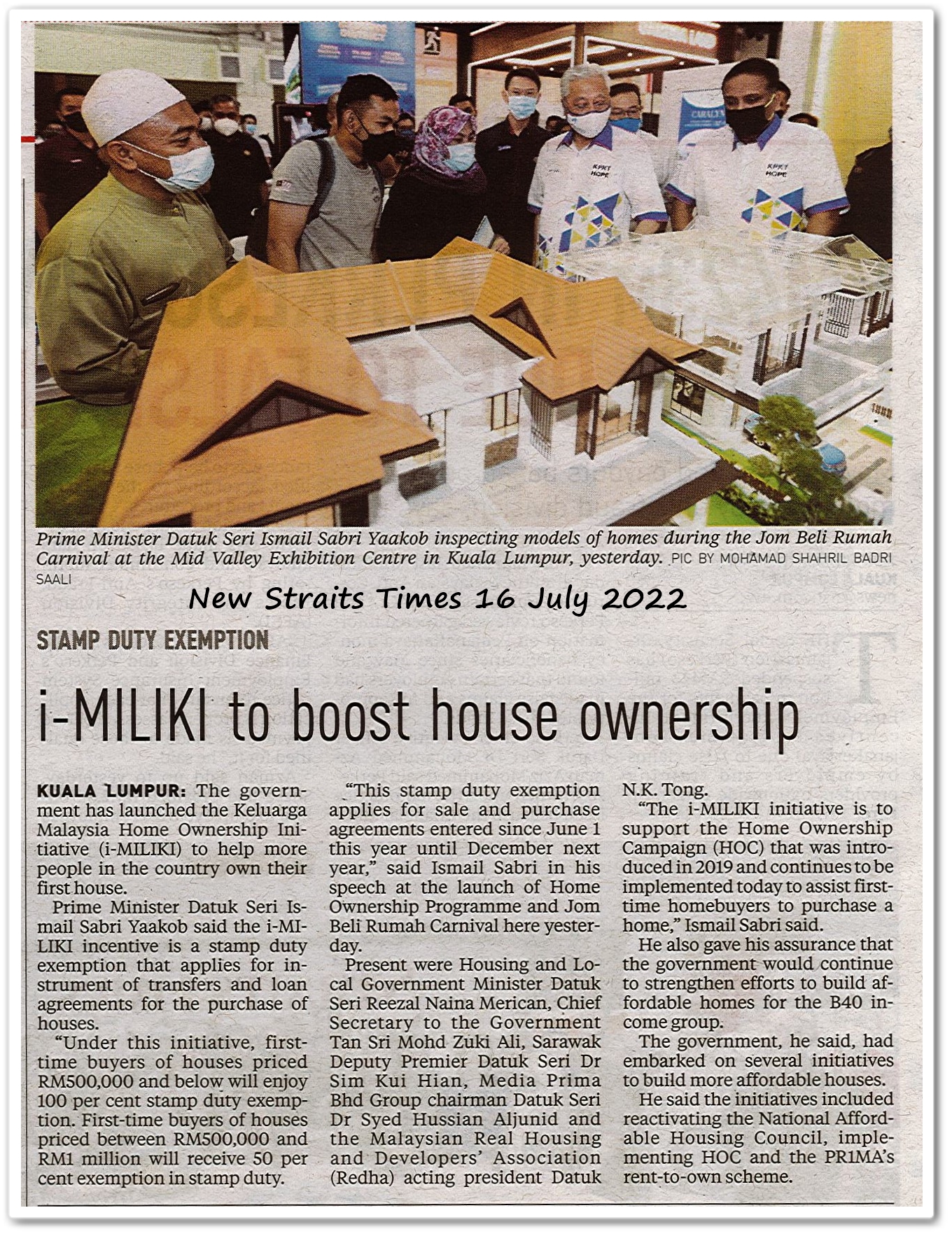 i-MILIKI to boost house ownership - Keratan akhbar New Straits Times 16 July 2022