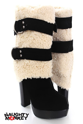 Black Suede Upper Fur Cuff Double Buckle Ankle Boots