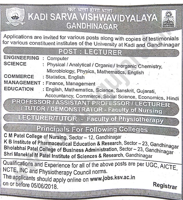 Kadi Sarva Vishwavidyalaya (KSV) Recruitment for Various Posts 2018