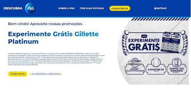 P&G lança a Promoção "Experimente Grátis - Gillette Platinum" | Promoção P&G
