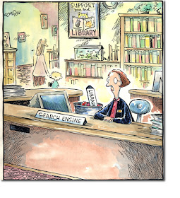 cartoon of Librarian with desk plate that says search engine
