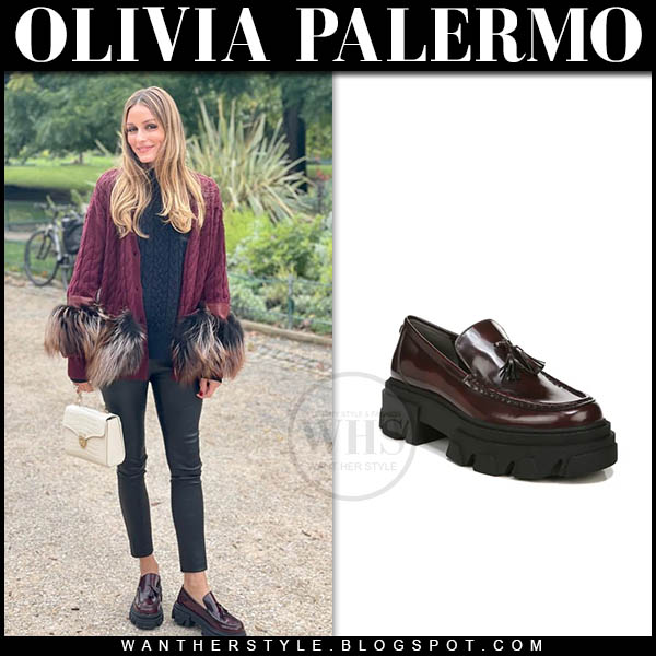 Olivia Palermo in burgundy fur trim knit cardigan, black pants and burgundy loafers