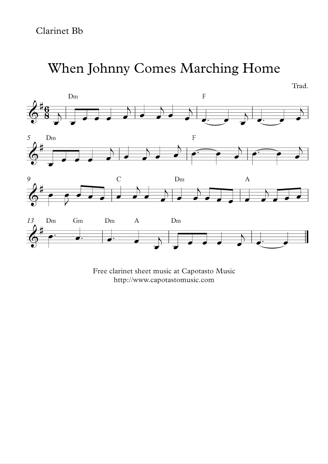 Free easy clarinet sheet music - When Johnny Comes Marching Home