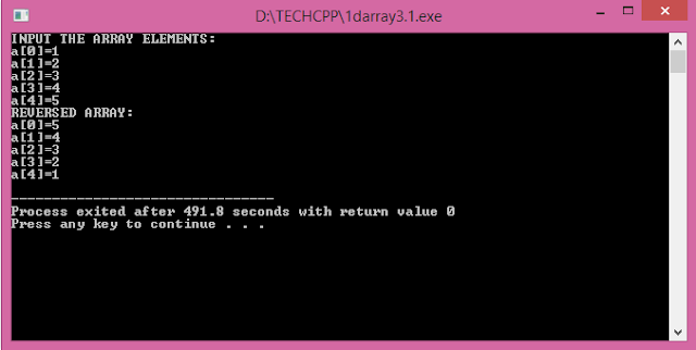 C++ Program to reverse a single dimensional array without using another array with output