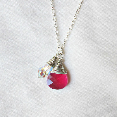image wire-wrapped pendant necklace swarovski crystal clear aurora borealis ruby siam red briolette teardrop drop handmade two cheeky monkeys silver