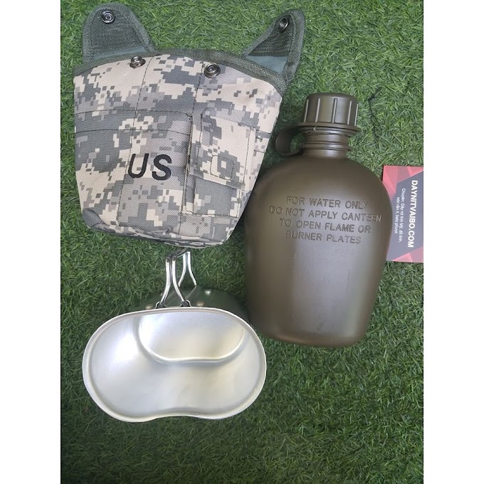 Hình thật Bộ bình nước bình bi đông phong cách lính Mỹ bình bi tông đựng rượu nước kèm cốc nhôm màu mulitcam và ACU