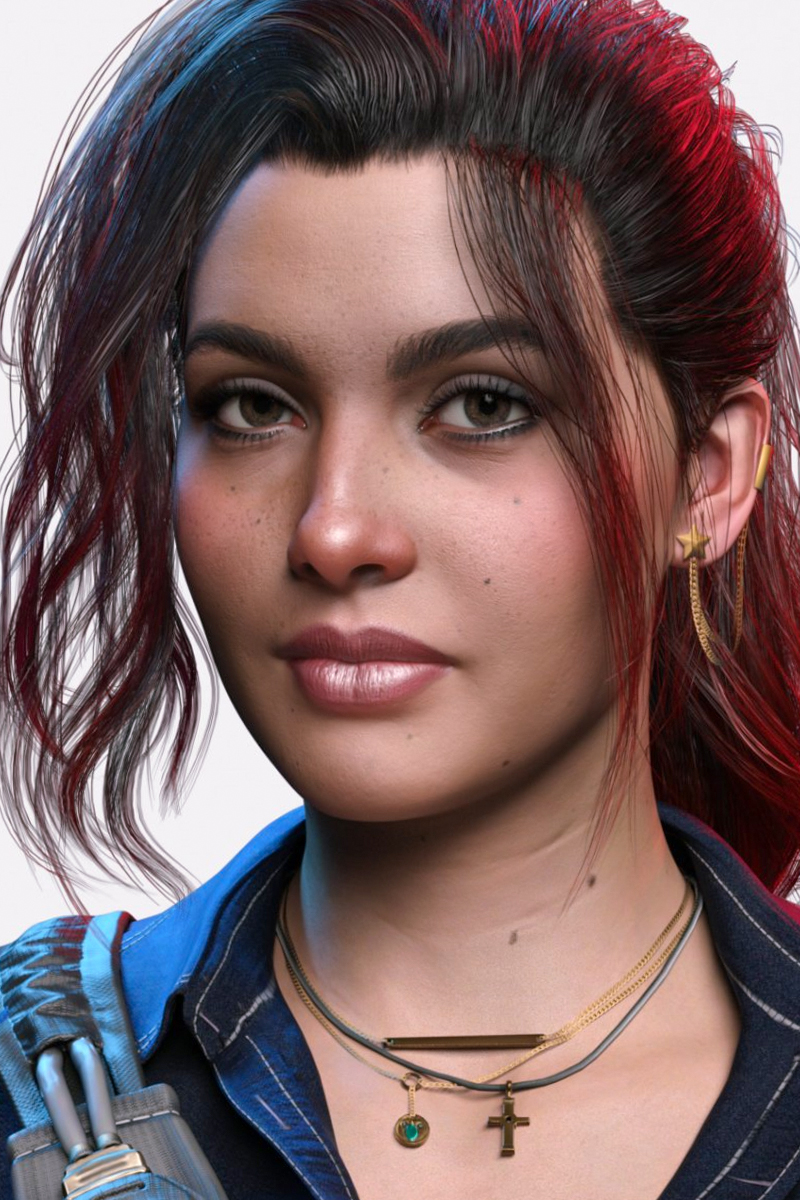 screenshot from the cyberpunk 2077 game featuring Claire Russell npc and her makeup look