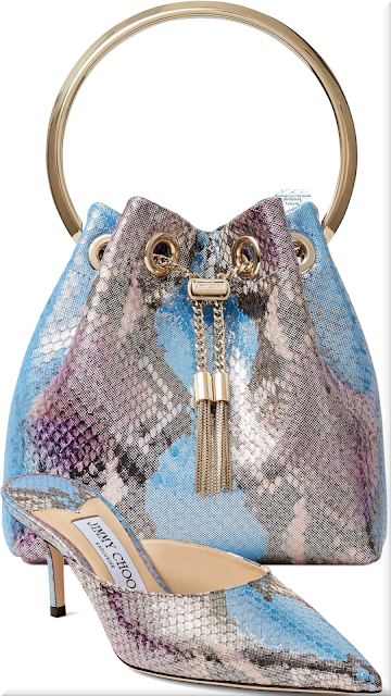 ♦Jimmy Choo metallic iridescent snake print Bon Bon bag with metal handle & metallic iridescent Rav 85 snake print pointed-toe mules #jimmychoo #bags #shoes #blue #brilliantluxury