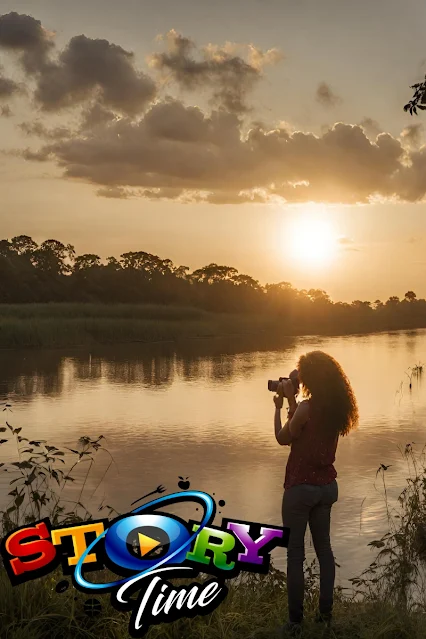 " Illustration of a young girl taking a picture of the Commewijne river at sunset"