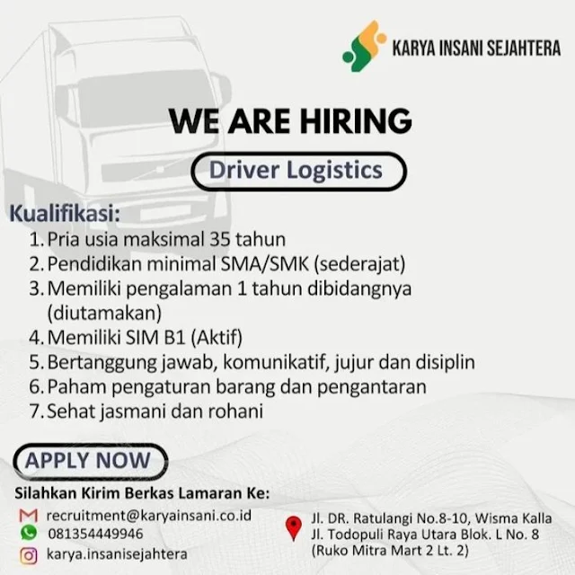 Lowongan kerja Makassar Driver logistik PT Karya Insani Sejahtera terbaru 2023