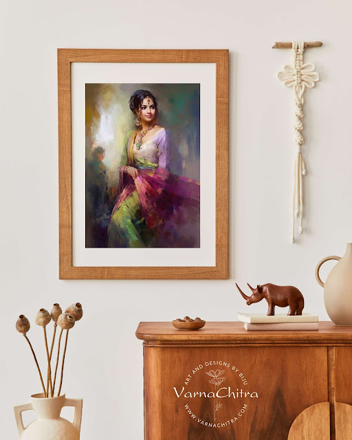 beautiful painting of an indian girl by Biju Varnachitra, large size high quality figurative painting as instant download
