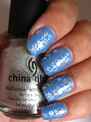 essie resort collection summer 2010 lapis of luxury pastel blue creme nailpolish nailswatches m73 millennium china glaze silver stamping konad konadicure nailart flower design stamp