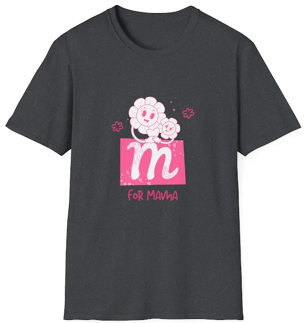 Unisex Softstyle Mother's Day T-Shirt With Two Pink & White Colored Human-faced Flowers Holding a Heart Showing Mother Child Relationship and Caption M for Mama
