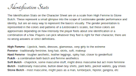 details of the identification stats including presentation like lipstick, butch and femme aesthetics, and some details of how the scales of the lesbisnake impacts the presentation of the character.