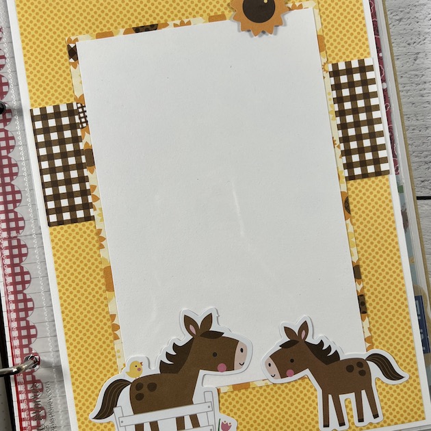 On the Farm Scrapbook Album page with horses, yellow dots, & sunflowers