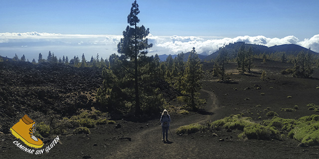 Ascendiendo por un sendero de tierras volcánicas con el pico Teide de fondo