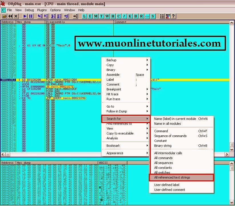 OllyDB buscando cadenas de textos